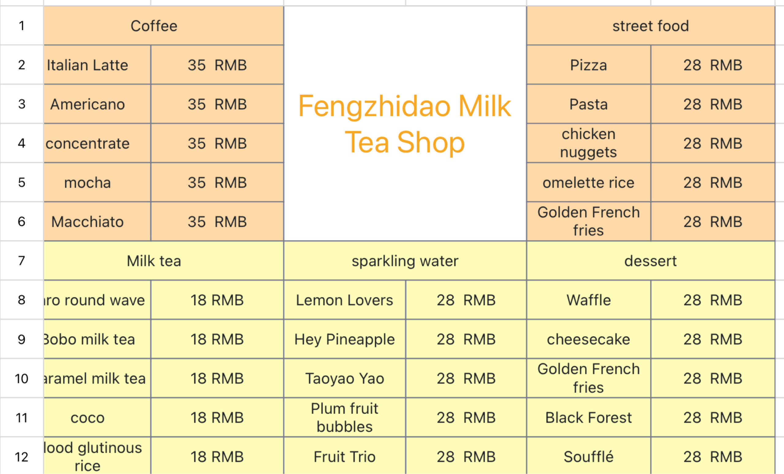Milk tea shop project price list